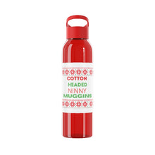 Load image into Gallery viewer, 21.9oz red tinted water bottle with known Christmas movie phrase "Cotton Headed Ninny Muggins" and design on a white exterior and a red interior for contrast