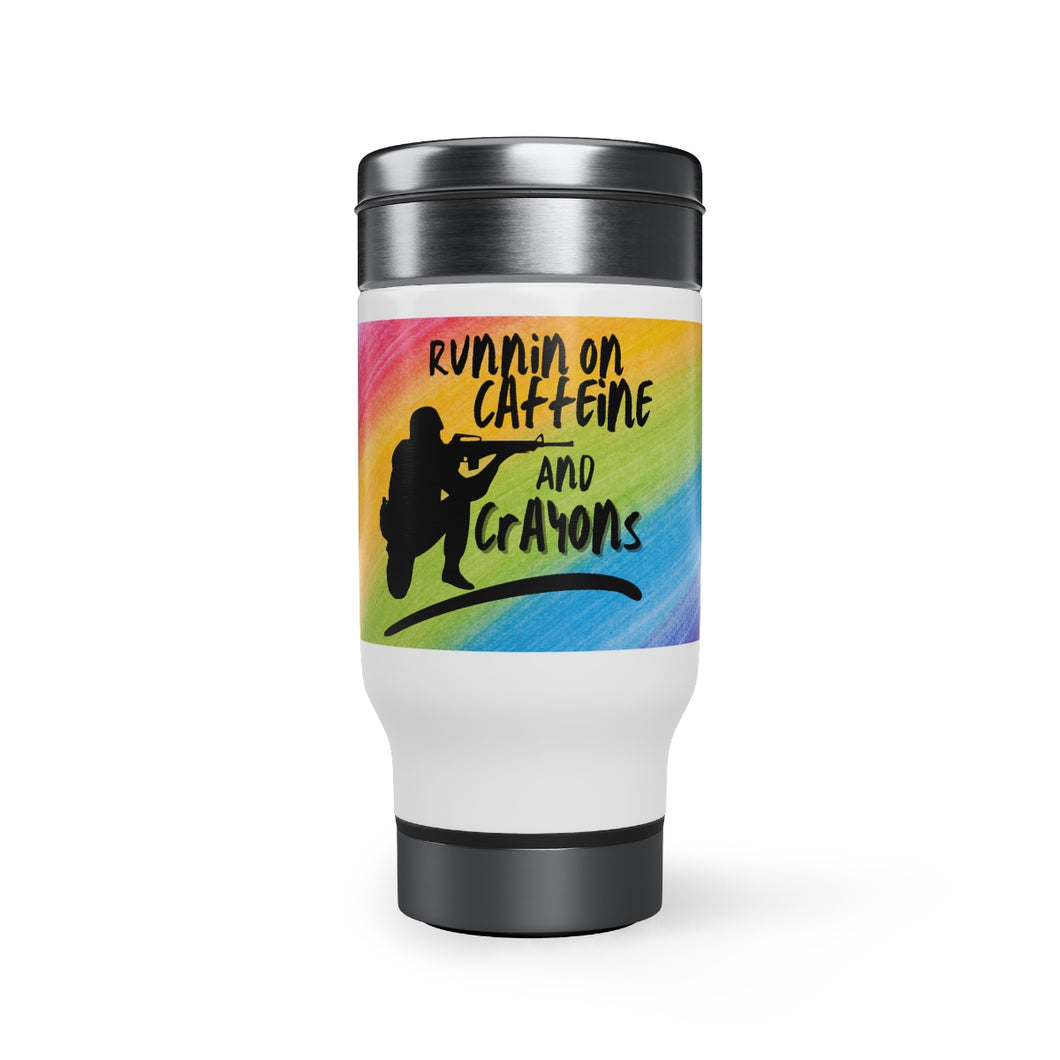 Runnin On Caffeine and Crayons Stainless Steel Travel Mug with Handle, 14oz